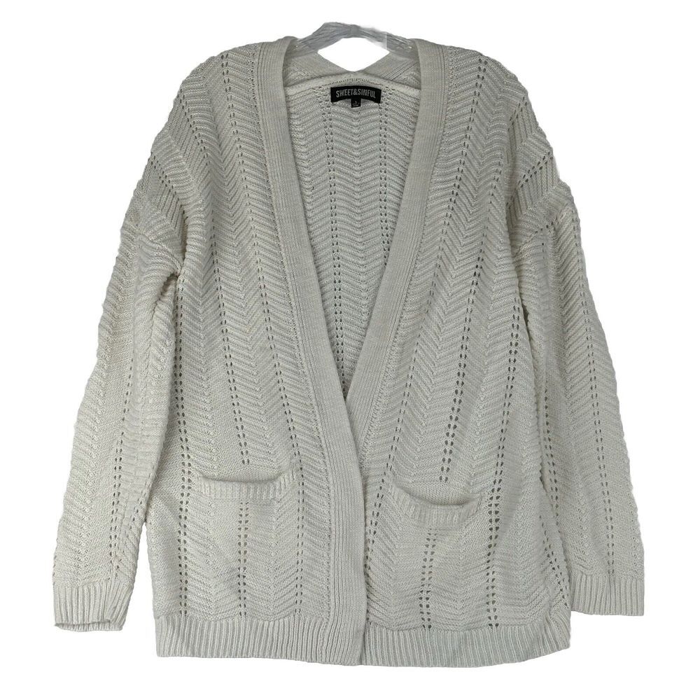 Sweet & Sinful Women's Size L Cardigan Sweater Ivory Long Sleeveโ Open Knit